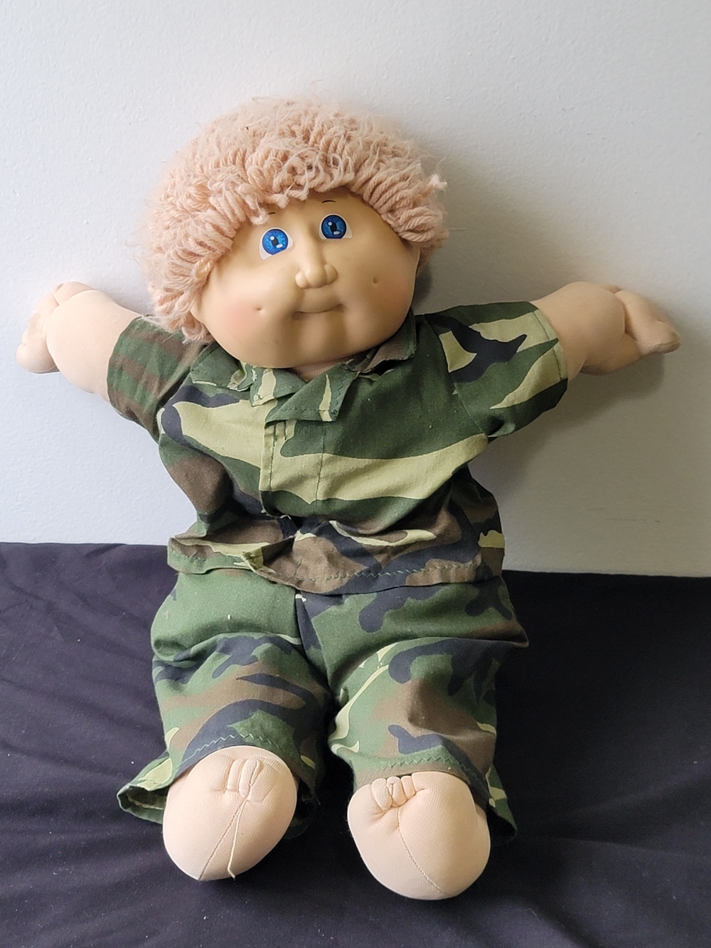 Plush Army Camouflage Baby Doll with Cream Hair and Blue Eyes